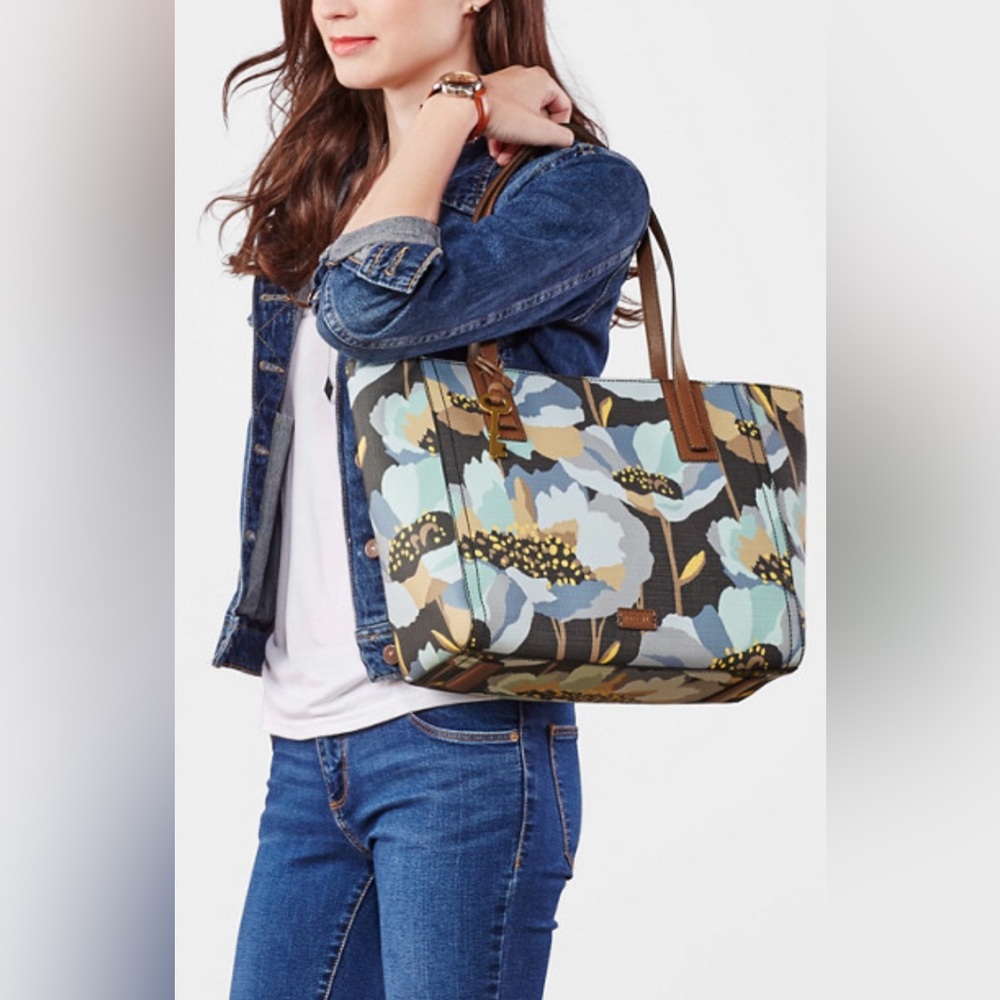 Fossil “Emma” Leather ToteBag in Dark Floral Poppy Pattern 17"L × 5.5"W x 10"H